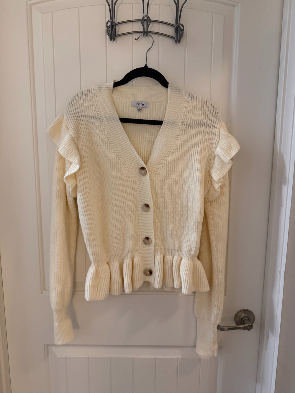 Fate Cream Ruffle-Trim V-Neck Cardigan